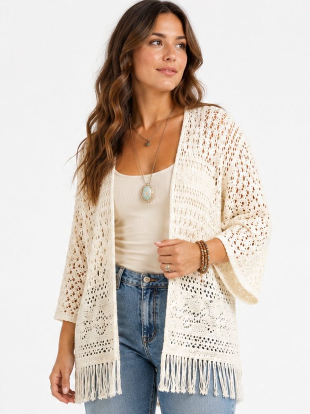 Faded Glory XXL/20 Lightweight Cream Crochet Cardigan Fringe Bottom